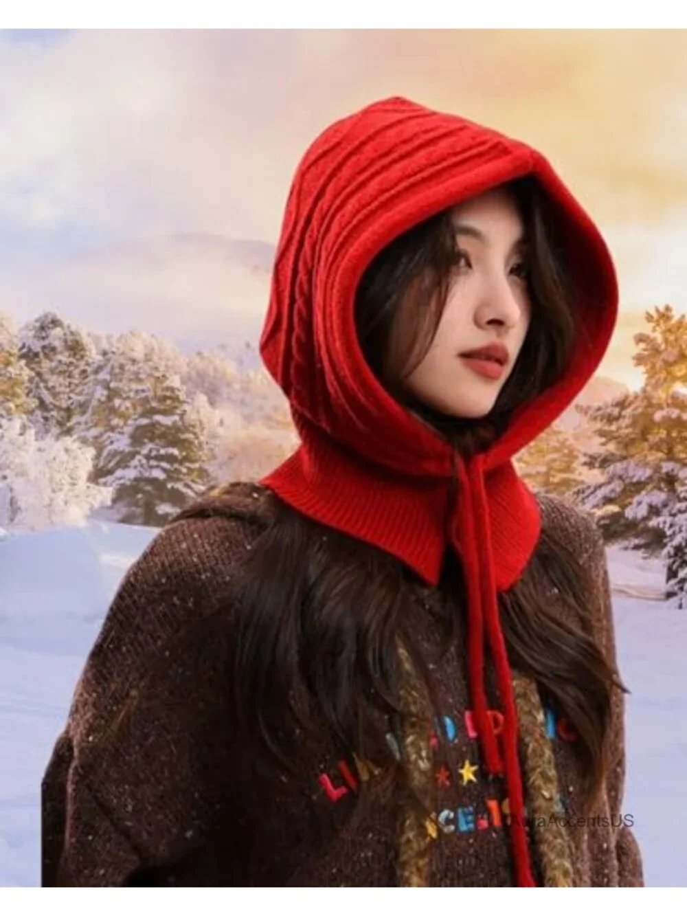 Knitted Balaclava Hooded Scarf Hat Drawstring Adjustable Winter Neck Gaiter
